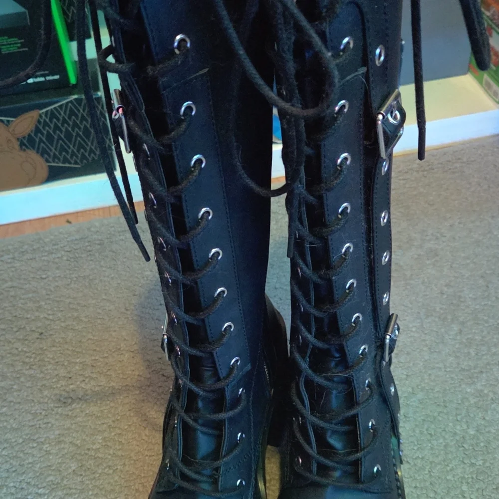 Demonia Black Combat Moto Boots with Buckle Straps - Picture 2 of 2